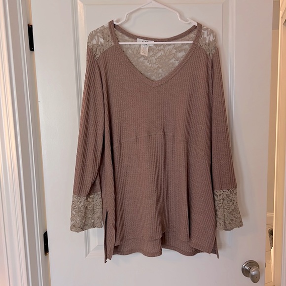Moa Moa waffle sweater with lace detail in taupe/brown, size 3X (fits 2X) - Picture 1 of 3